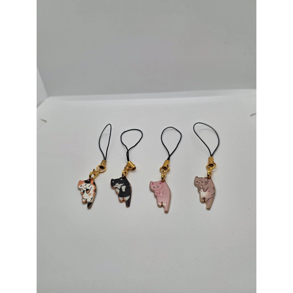 Set of 4 Scruffed Cats Kittens Phone Charms Handmade Calico Tuxedo Pink Tabby